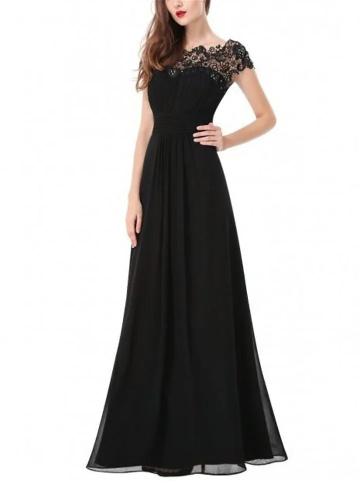 Elegant Cap Sleeve Lace Neckline Ruched Bust Evening Dress