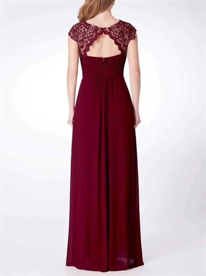 Elegant Cap Sleeve Lace Neckline Ruched Bust Evening Dress