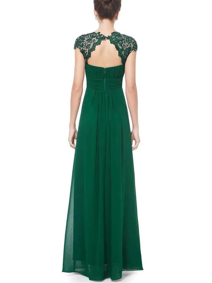 Elegant Cap Sleeve Lace Neckline Ruched Bust Evening Dress