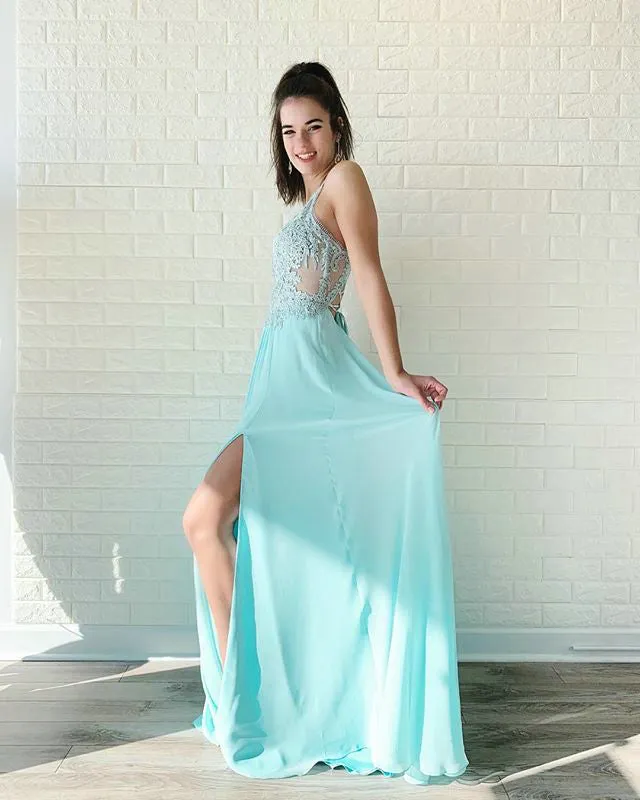 Elegant Ice Blue Prom Dresses with Lace Appliques Chiffon A-line Long Prom Gowns 2019