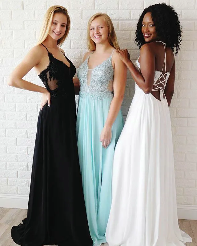 Elegant Ice Blue Prom Dresses with Lace Appliques Chiffon A-line Long Prom Gowns 2019