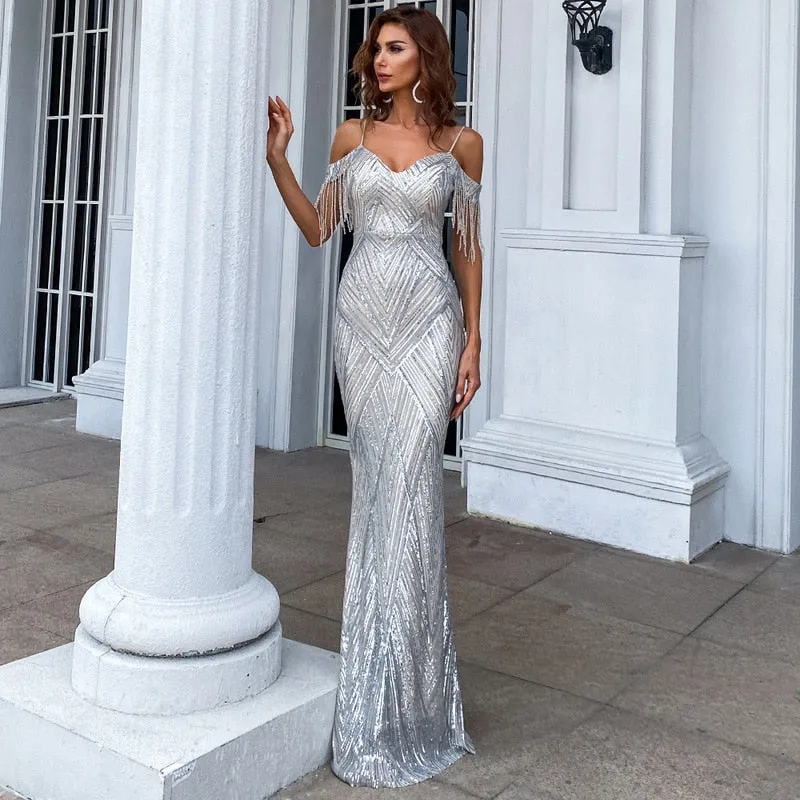 Elegant Off Shoulder Luxury Sequin Mermaid Dress Spaghetti Straps Silver Beading