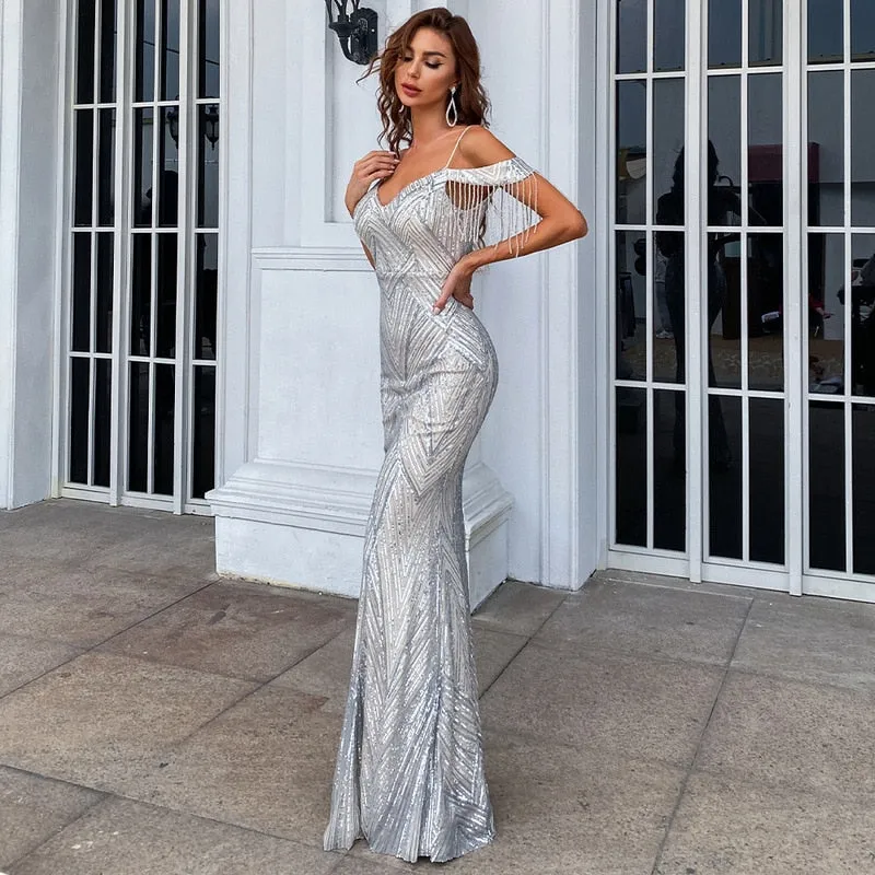 Elegant Off Shoulder Luxury Sequin Mermaid Dress Spaghetti Straps Silver Beading