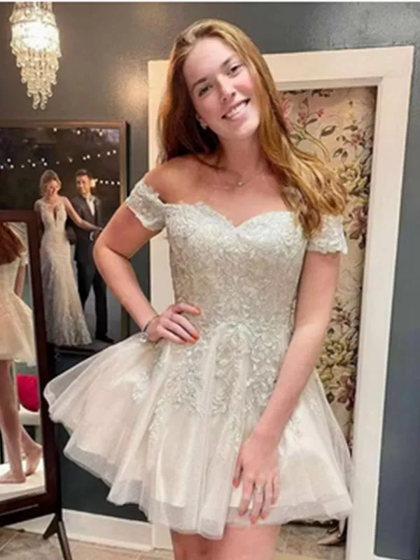 Elegant Off-shoulder Sleeveless A-line Lace Short Homecoming Dresses For Party Online, HD1054