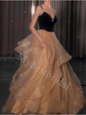 Elegant Spaghetti straps V-neck A-line Prom Dresses,PDS0812