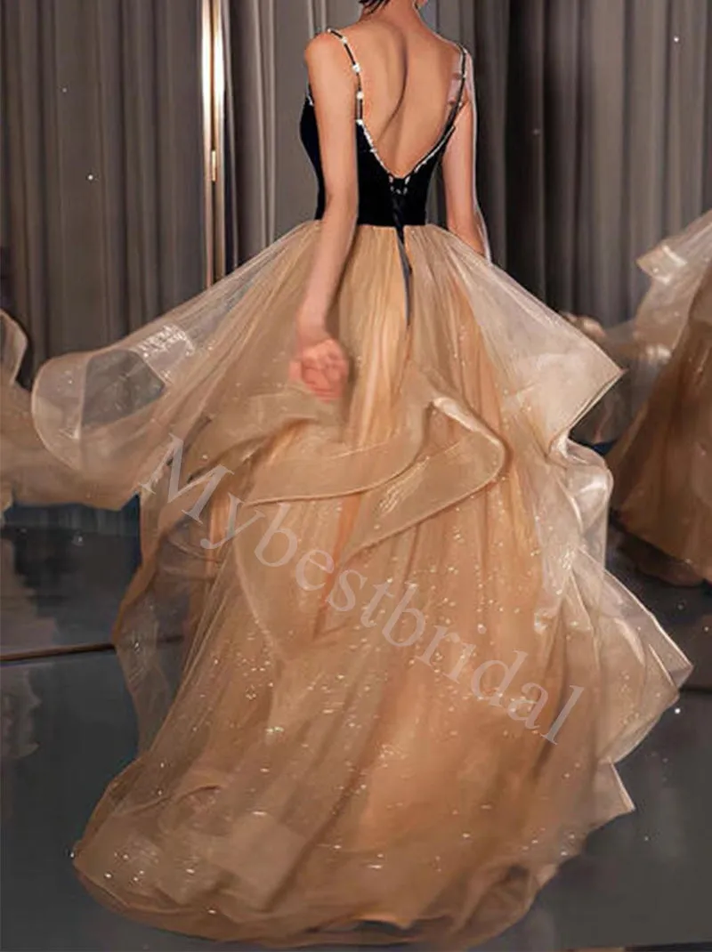 Elegant Spaghetti straps V-neck A-line Prom Dresses,PDS0812