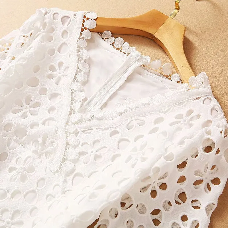 Elegant White Maxi Dress For Women V Neck Half Sleeve High Waist