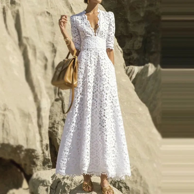 Elegant White Maxi Dress For Women V Neck Half Sleeve High Waist