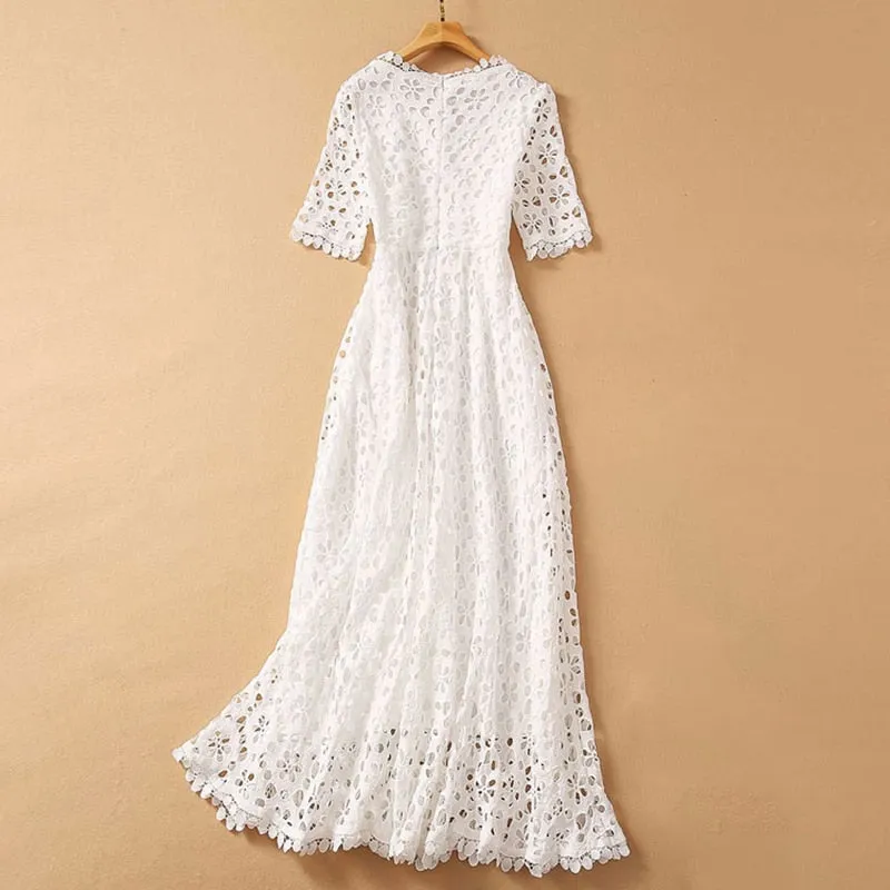 Elegant White Maxi Dress For Women V Neck Half Sleeve High Waist