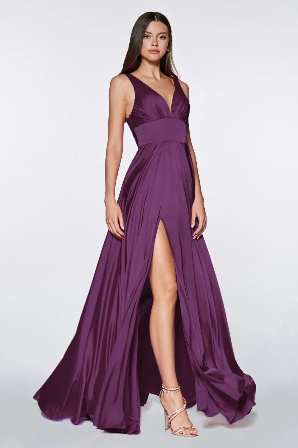 Elliot Satin V Neck Aline Skirt Bridesmaid Dress 7407469AR-Eggplant