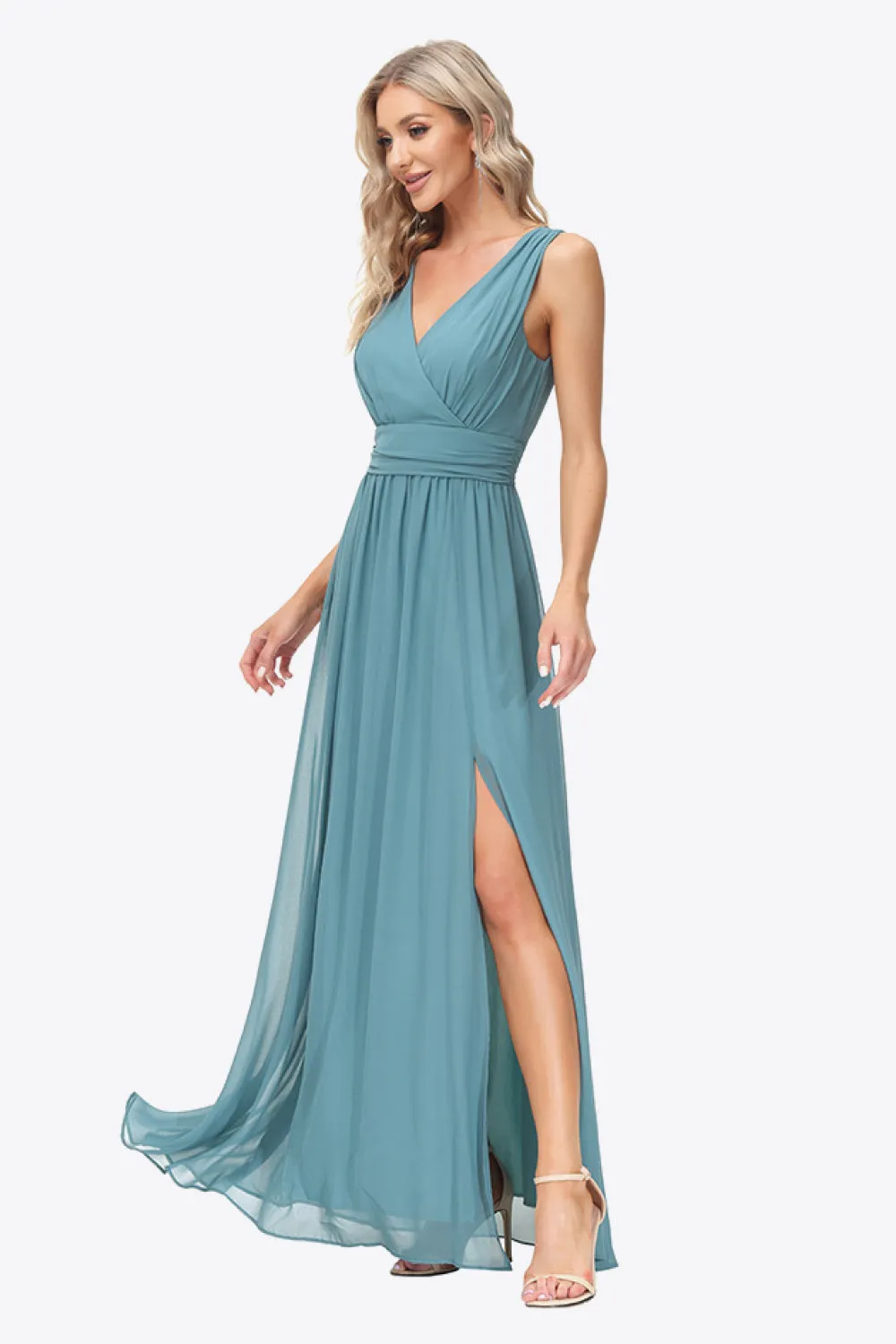 Empire Waist Split Surplice Sleeveless Formal Dress