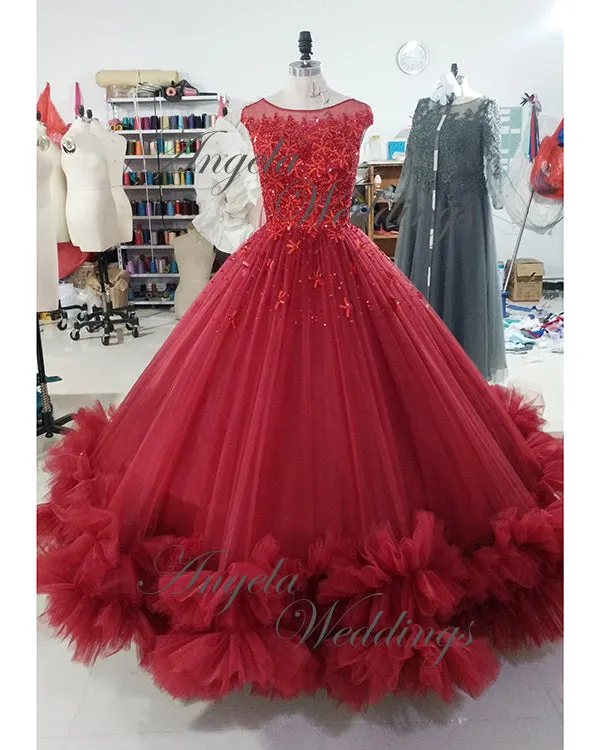 Fashion Burgundy Quinceanera Dresses Beaded Tulle Ruffles Ball Gowns Sweet 16 Dress vestidos de quinceañera