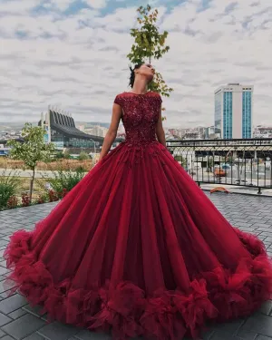 Fashion Burgundy Quinceanera Dresses Beaded Tulle Ruffles Ball Gowns Sweet 16 Dress vestidos de quinceañera