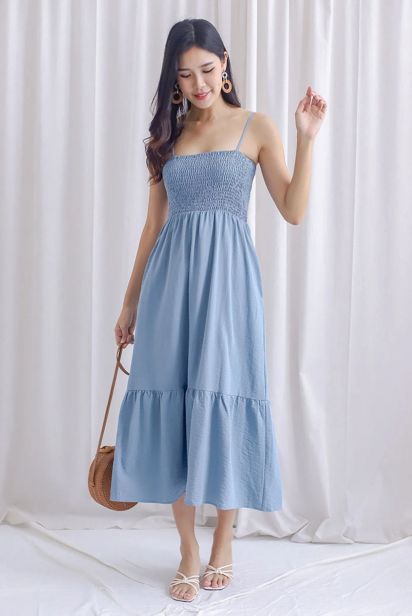 Fenti Spaghetti Smocked Maxi Dress In Steel Blue