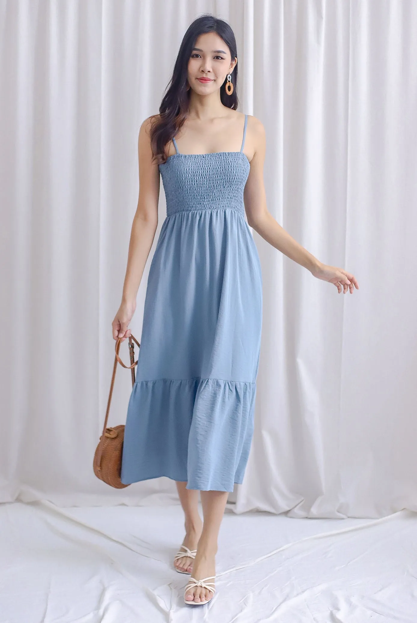 Fenti Spaghetti Smocked Maxi Dress In Steel Blue