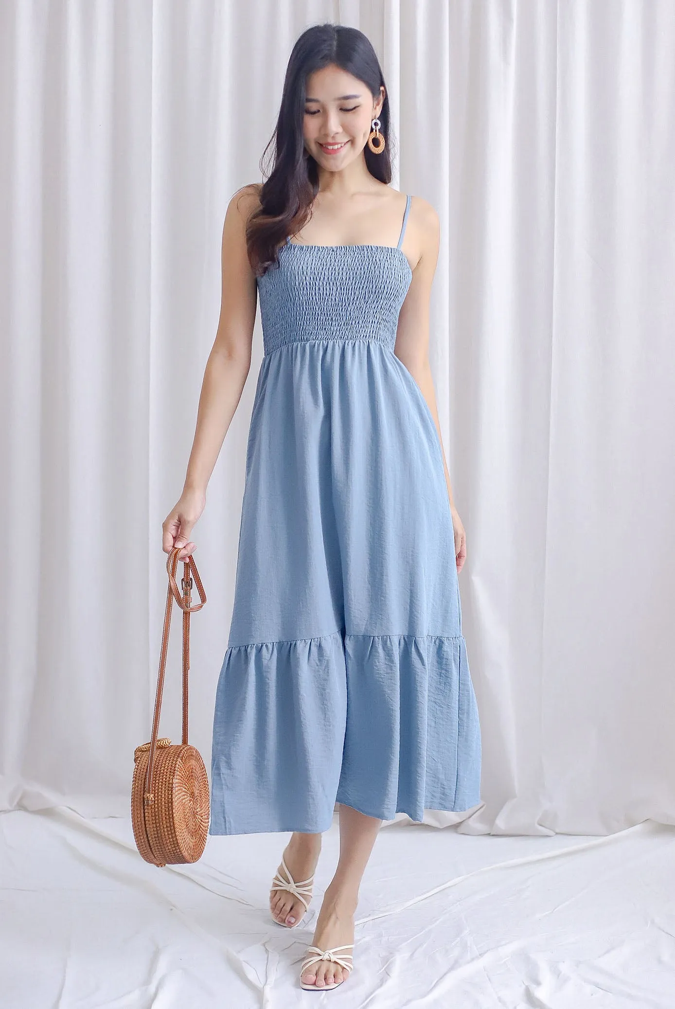 Fenti Spaghetti Smocked Maxi Dress In Steel Blue