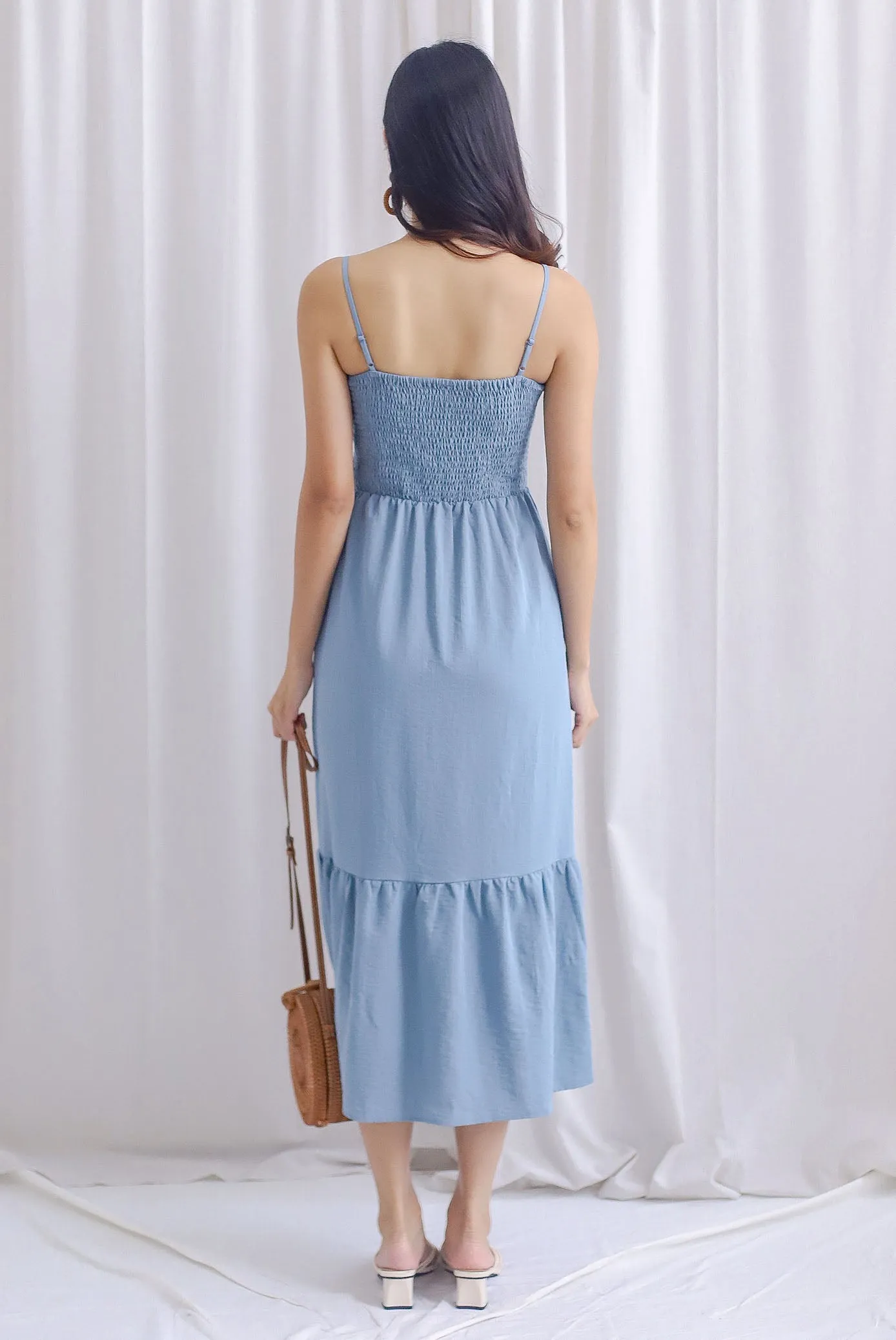 Fenti Spaghetti Smocked Maxi Dress In Steel Blue