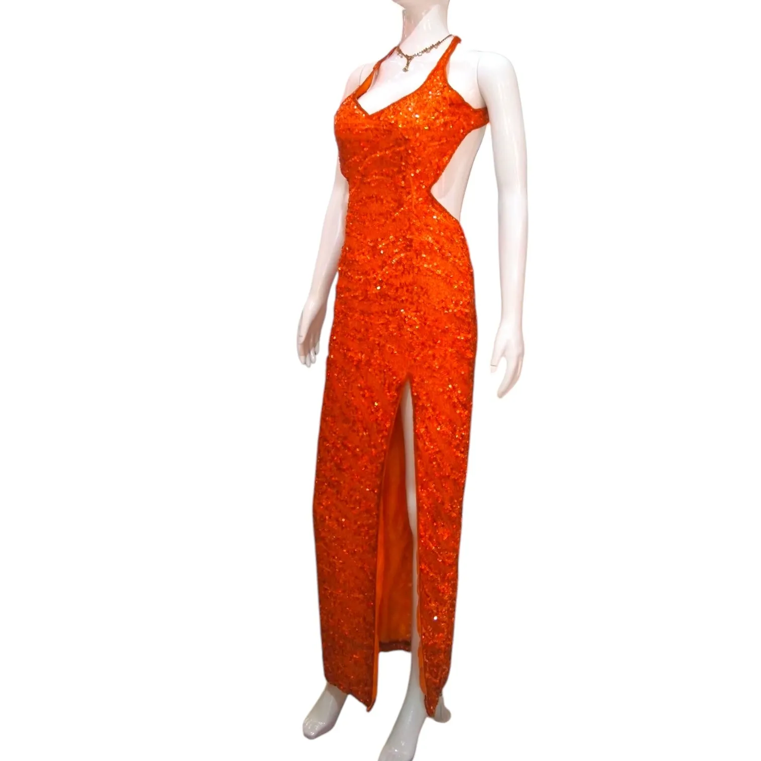 Fiery Sunrise - Sexy Backless Orange Sequinned Evening Dress