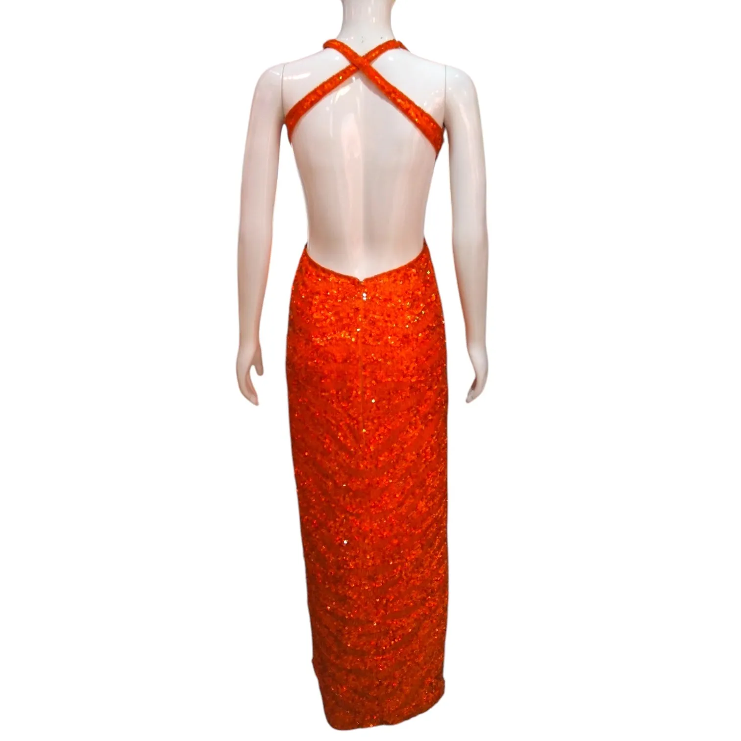 Fiery Sunrise - Sexy Backless Orange Sequinned Evening Dress