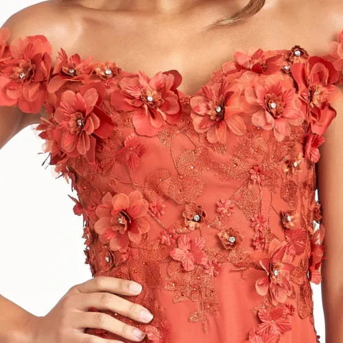 Floral 3D Applique and Embroidery Embellished Bodice A-Line Chiffon Dress