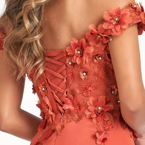 Floral 3D Applique and Embroidery Embellished Bodice A-Line Chiffon Dress