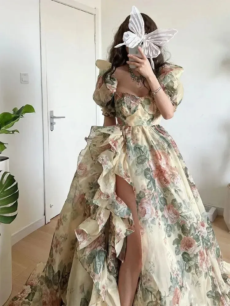 Floral Print Evening Party Dress  with Puff Sleeves Elegant Princess Long Dress French Fashion Vintage Summer Dress