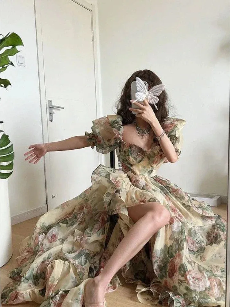 Floral Print Evening Party Dress  with Puff Sleeves Elegant Princess Long Dress French Fashion Vintage Summer Dress