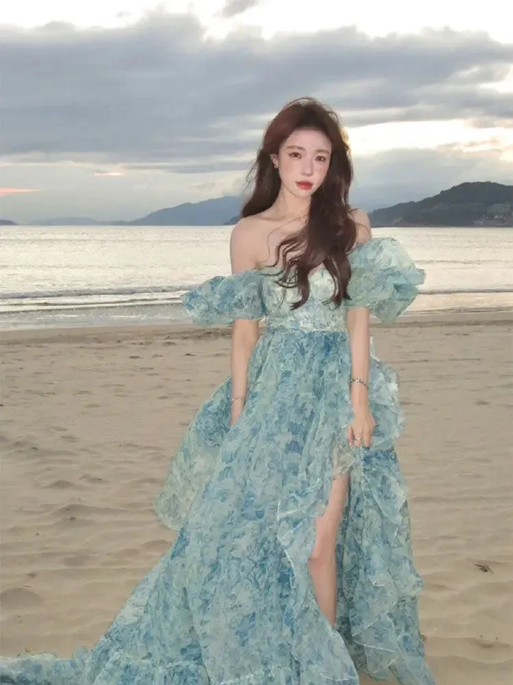 Floral Print Evening Party Dress  with Puff Sleeves Elegant Princess Long Dress French Fashion Vintage Summer Dress