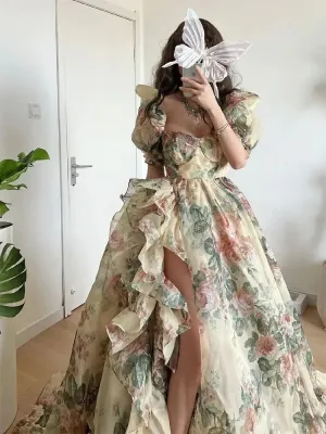 Floral Print Evening Party Dress  with Puff Sleeves Elegant Princess Long Dress French Fashion Vintage Summer Dress