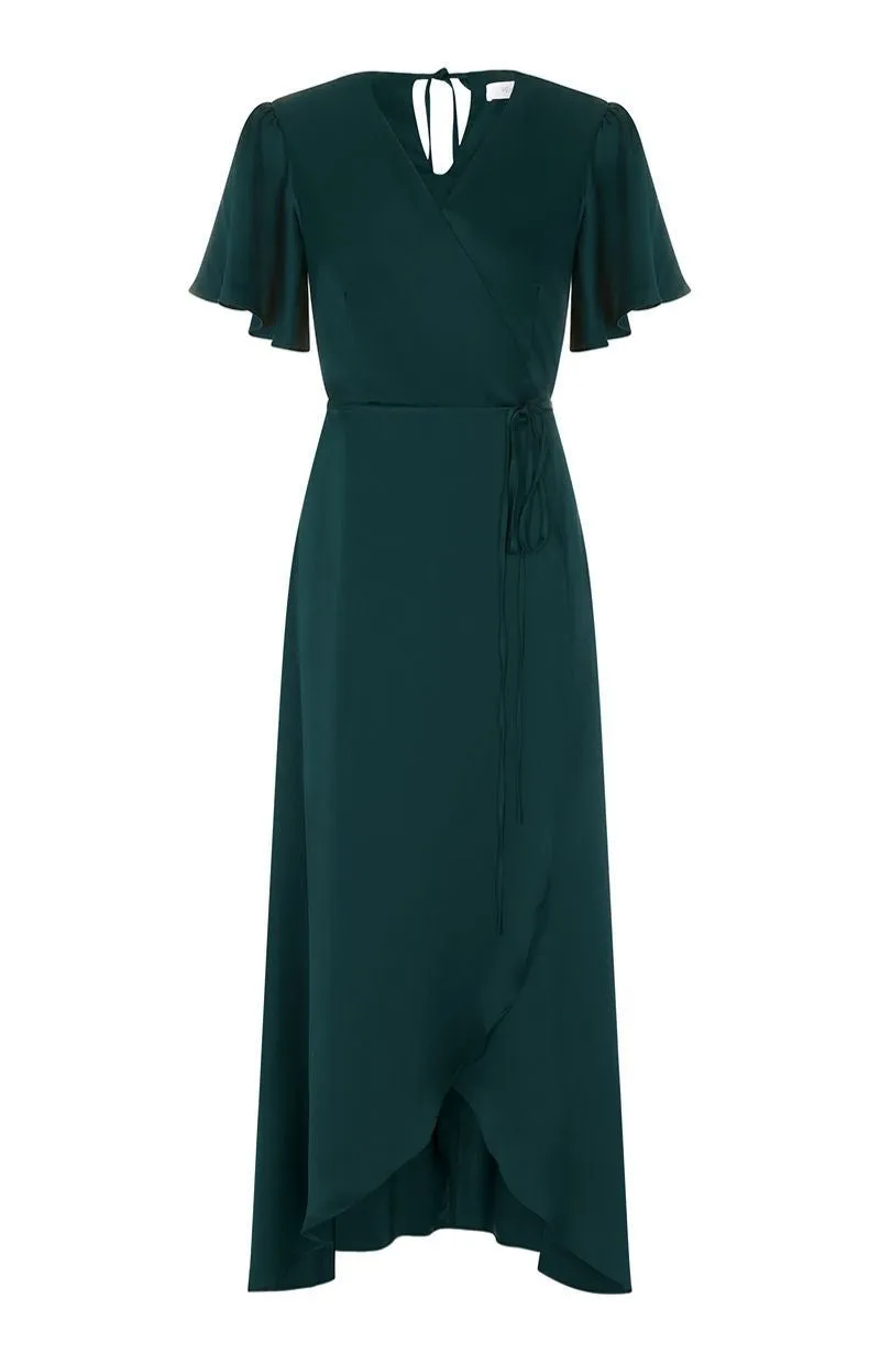 Florence Waterfall Dress in Forest Green Satin