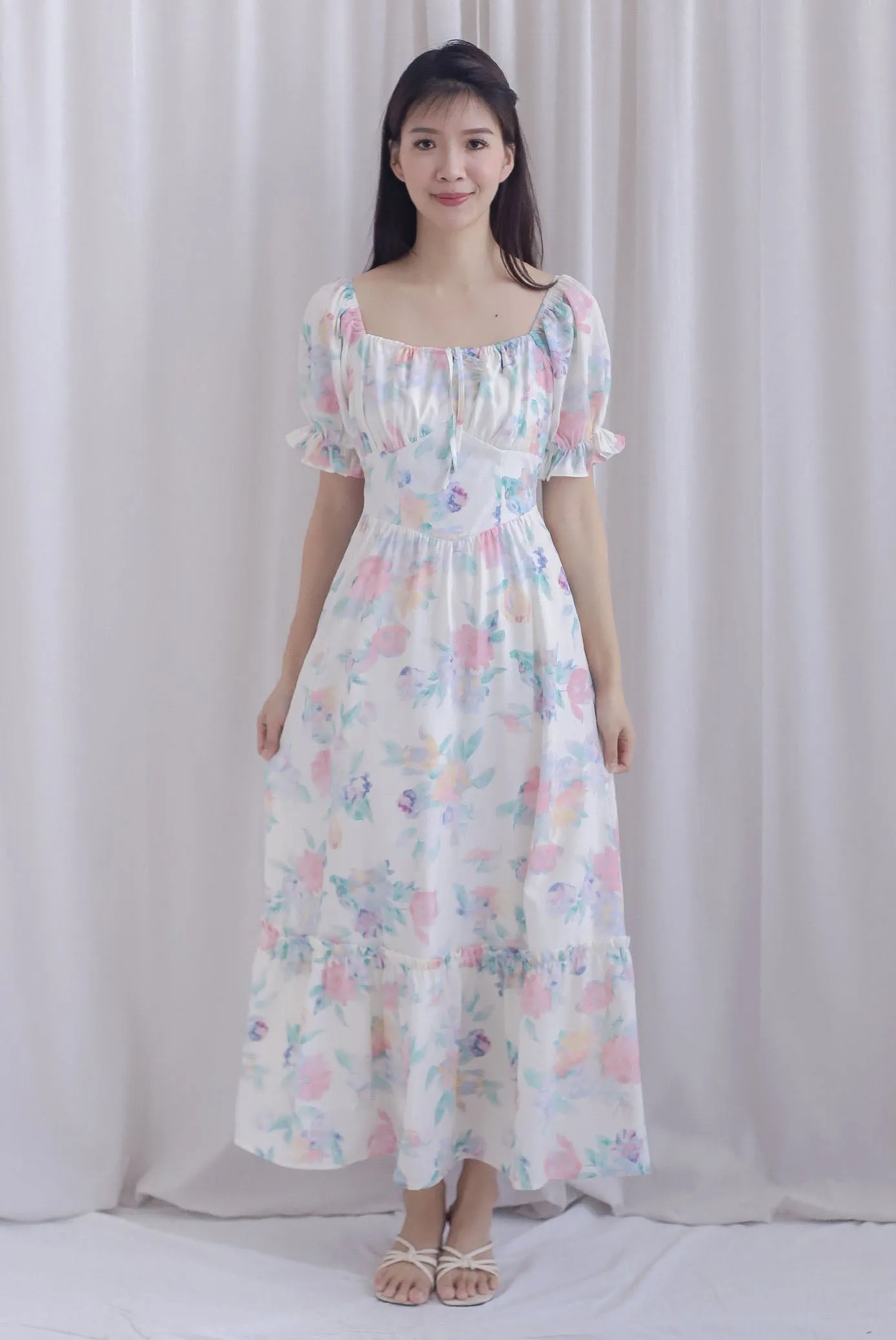 Flourish Tie Bustier Sleeved Maxi Dress In Cream Pink