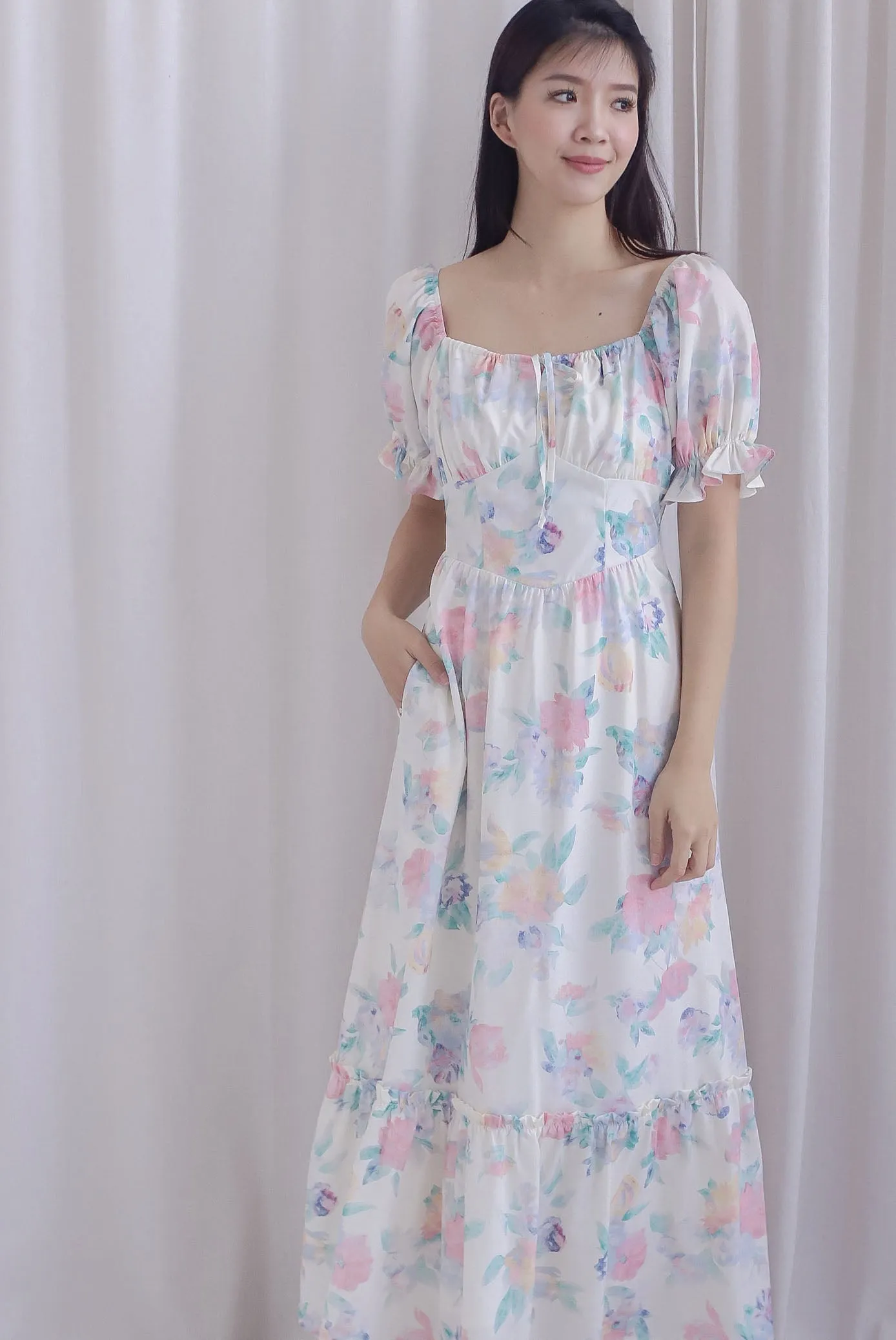 Flourish Tie Bustier Sleeved Maxi Dress In Cream Pink