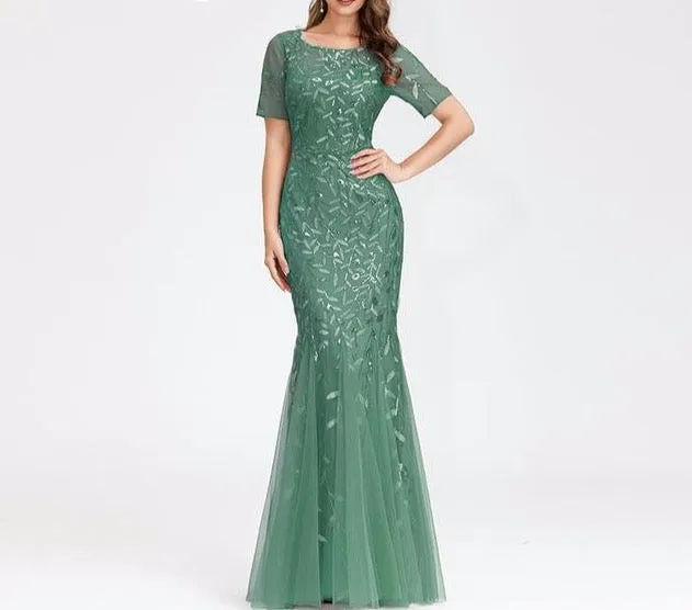 Formal Evening Dresses Ever Pretty New Mermaid O Neck Short Sleeve Lace Appliques Tulle Long Party Gowns