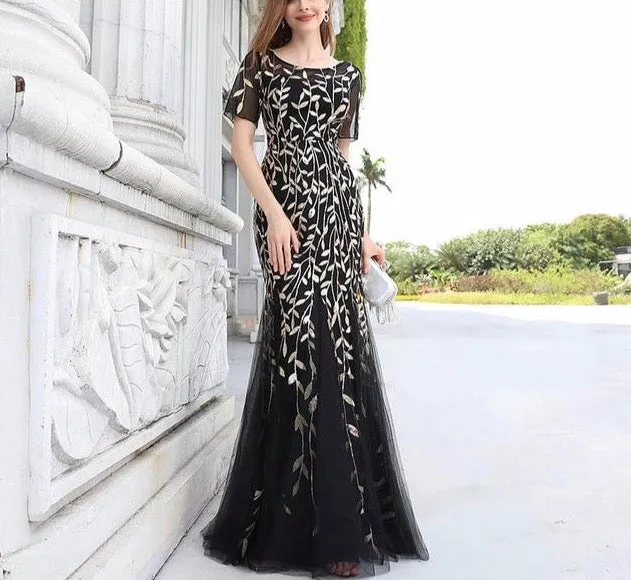 Formal Evening Dresses Ever Pretty New Mermaid O Neck Short Sleeve Lace Appliques Tulle Long Party Gowns