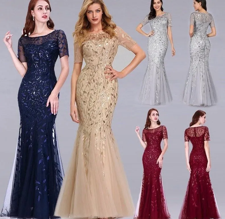 Formal Evening Dresses Ever Pretty New Mermaid O Neck Short Sleeve Lace Appliques Tulle Long Party Gowns