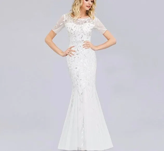 Formal Evening Dresses Ever Pretty New Mermaid O Neck Short Sleeve Lace Appliques Tulle Long Party Gowns