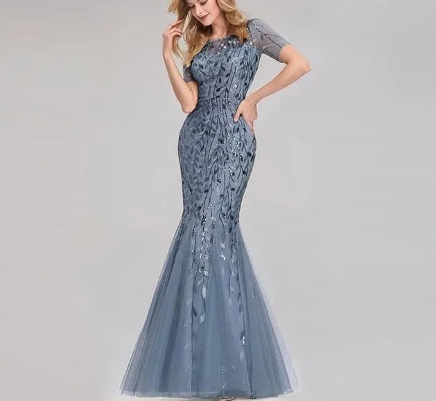 Formal Evening Dresses Ever Pretty New Mermaid O Neck Short Sleeve Lace Appliques Tulle Long Party Gowns