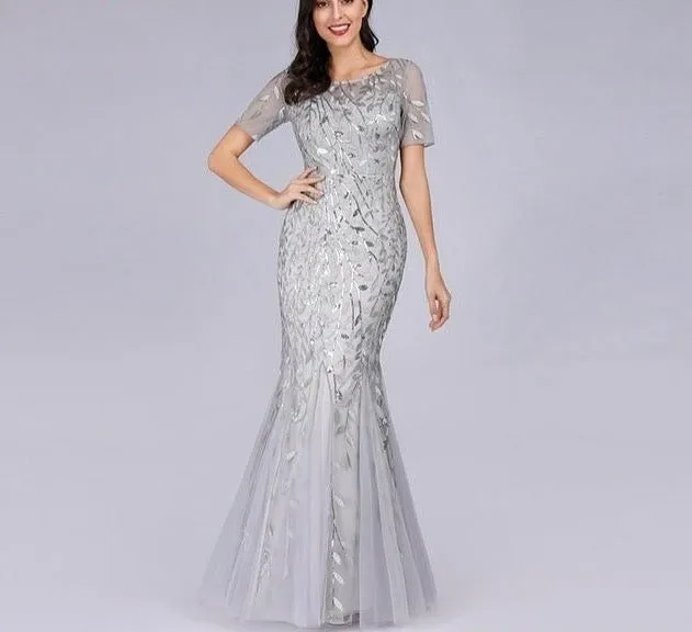 Formal Evening Dresses Ever Pretty New Mermaid O Neck Short Sleeve Lace Appliques Tulle Long Party Gowns