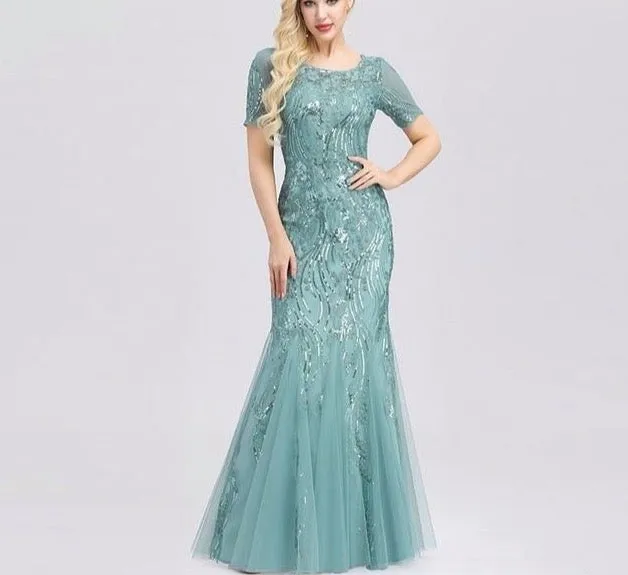 Formal Evening Dresses Ever Pretty New Mermaid O Neck Short Sleeve Lace Appliques Tulle Long Party Gowns