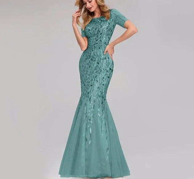 Formal Evening Dresses Ever Pretty New Mermaid O Neck Short Sleeve Lace Appliques Tulle Long Party Gowns
