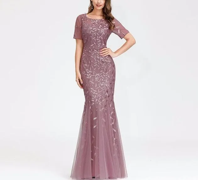 Formal Evening Dresses Ever Pretty New Mermaid O Neck Short Sleeve Lace Appliques Tulle Long Party Gowns