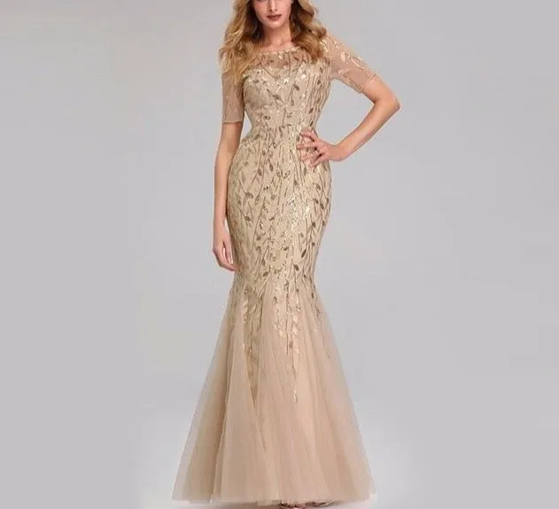Formal Evening Dresses Ever Pretty New Mermaid O Neck Short Sleeve Lace Appliques Tulle Long Party Gowns