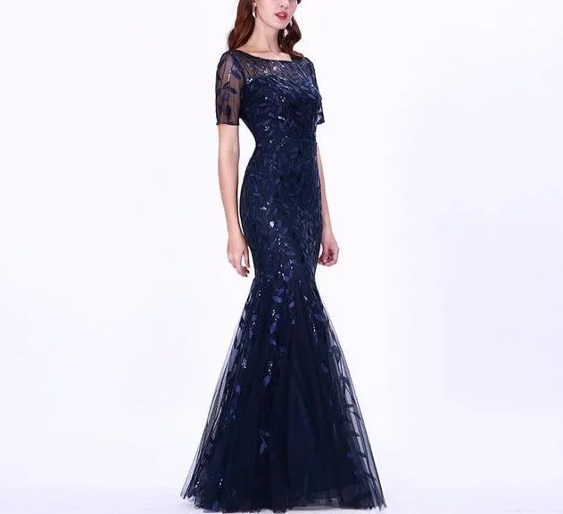 Formal Evening Dresses Ever Pretty New Mermaid O Neck Short Sleeve Lace Appliques Tulle Long Party Gowns