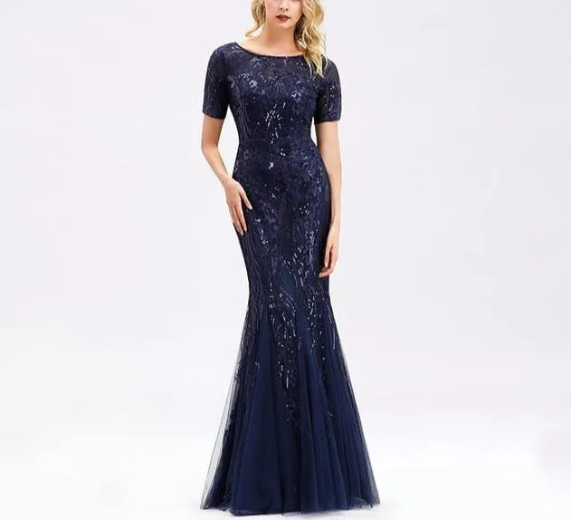 Formal Evening Dresses Ever Pretty New Mermaid O Neck Short Sleeve Lace Appliques Tulle Long Party Gowns
