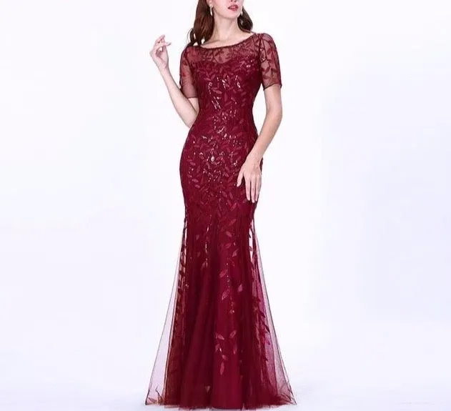 Formal Evening Dresses Ever Pretty New Mermaid O Neck Short Sleeve Lace Appliques Tulle Long Party Gowns