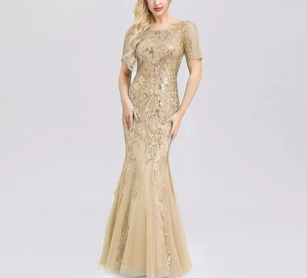 Formal Evening Dresses Ever Pretty New Mermaid O Neck Short Sleeve Lace Appliques Tulle Long Party Gowns