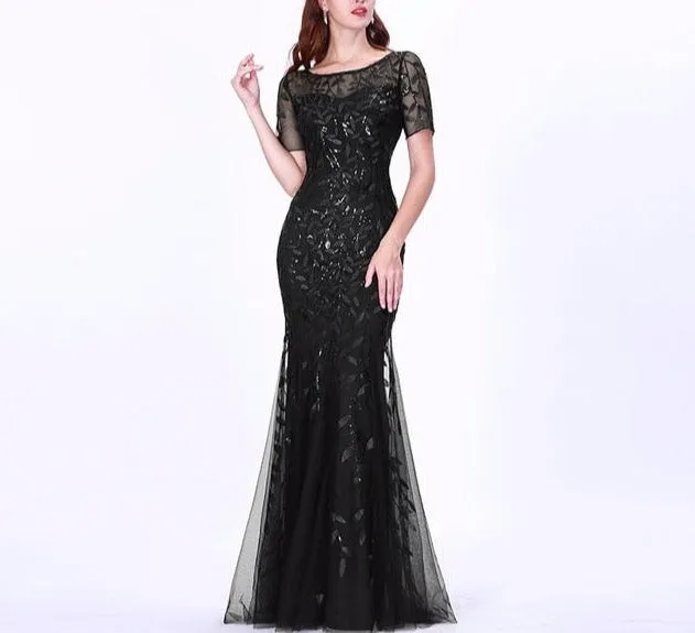 Formal Evening Dresses Ever Pretty New Mermaid O Neck Short Sleeve Lace Appliques Tulle Long Party Gowns