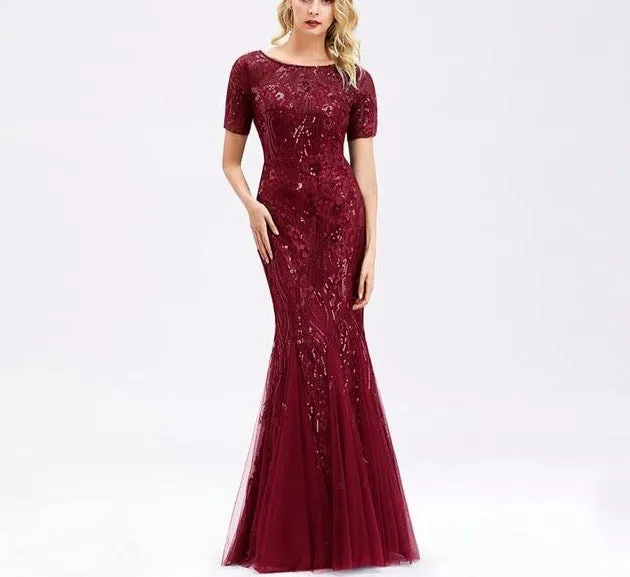 Formal Evening Dresses Ever Pretty New Mermaid O Neck Short Sleeve Lace Appliques Tulle Long Party Gowns
