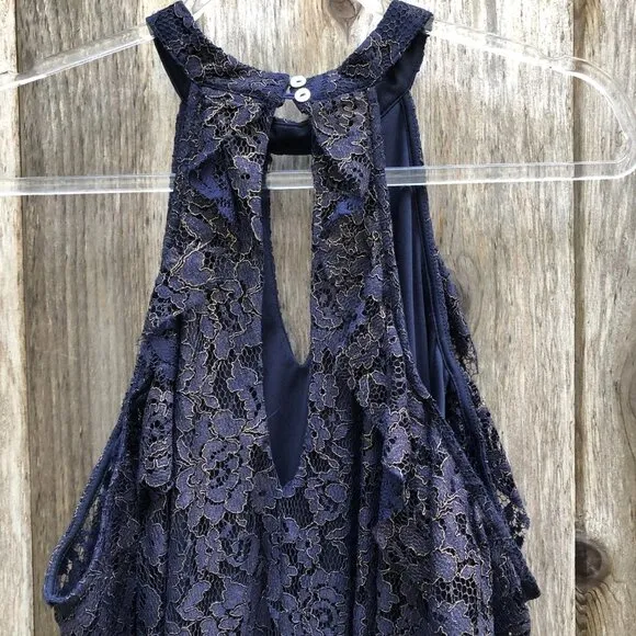Francesca’s Navy and Gold Lace Cold Shoulder Midi Dress Large