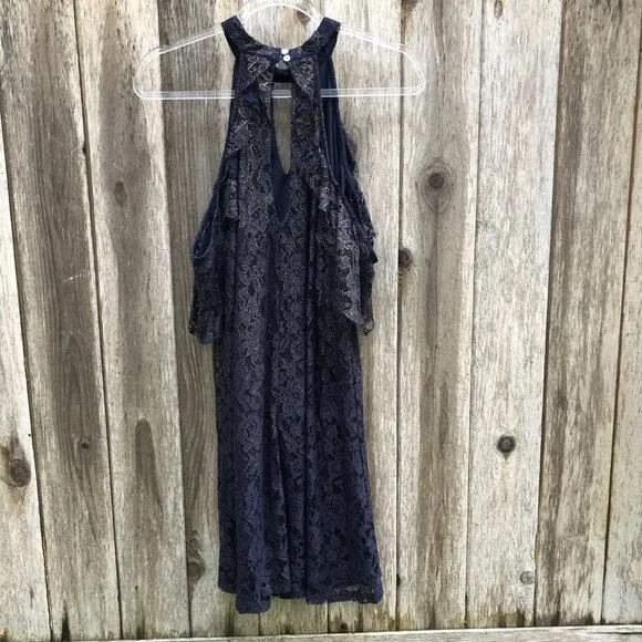 Francesca’s Navy and Gold Lace Cold Shoulder Midi Dress Large